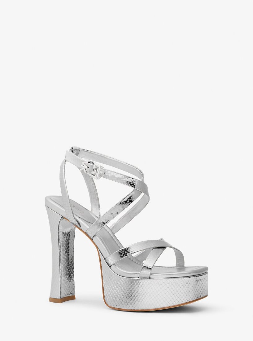 Sandale Michael Kors Paola Metallic Snake Embossed Leather Platform Sandal Femme Argent | 1783JZGRV