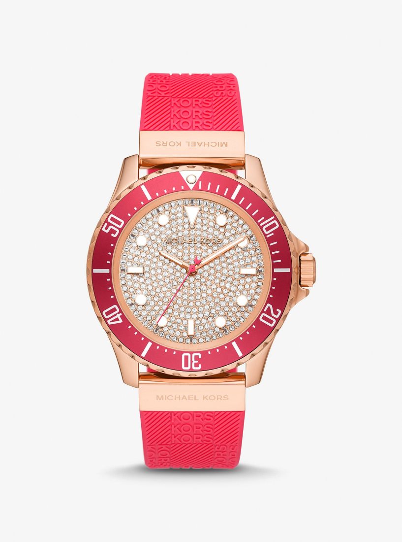 Silicone Michael Kors Oversized Slim Everest Pave Rose-Gold Tone and Embossed Silicone Watch Femme Rose | 3064RDIHX