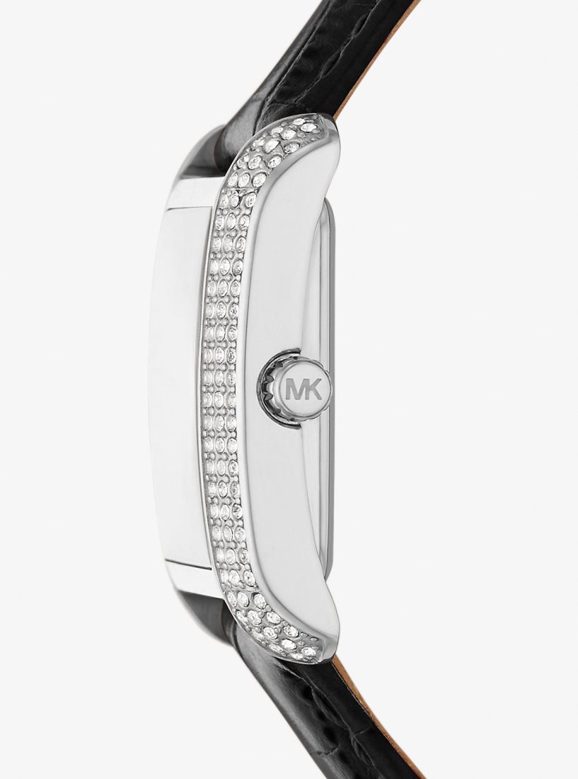 Silver-tone Michael Kors Mini Emery Pave Silver-Tone and Crocodile Embossed Leather Watch Femme Noir | 3780UPFMY