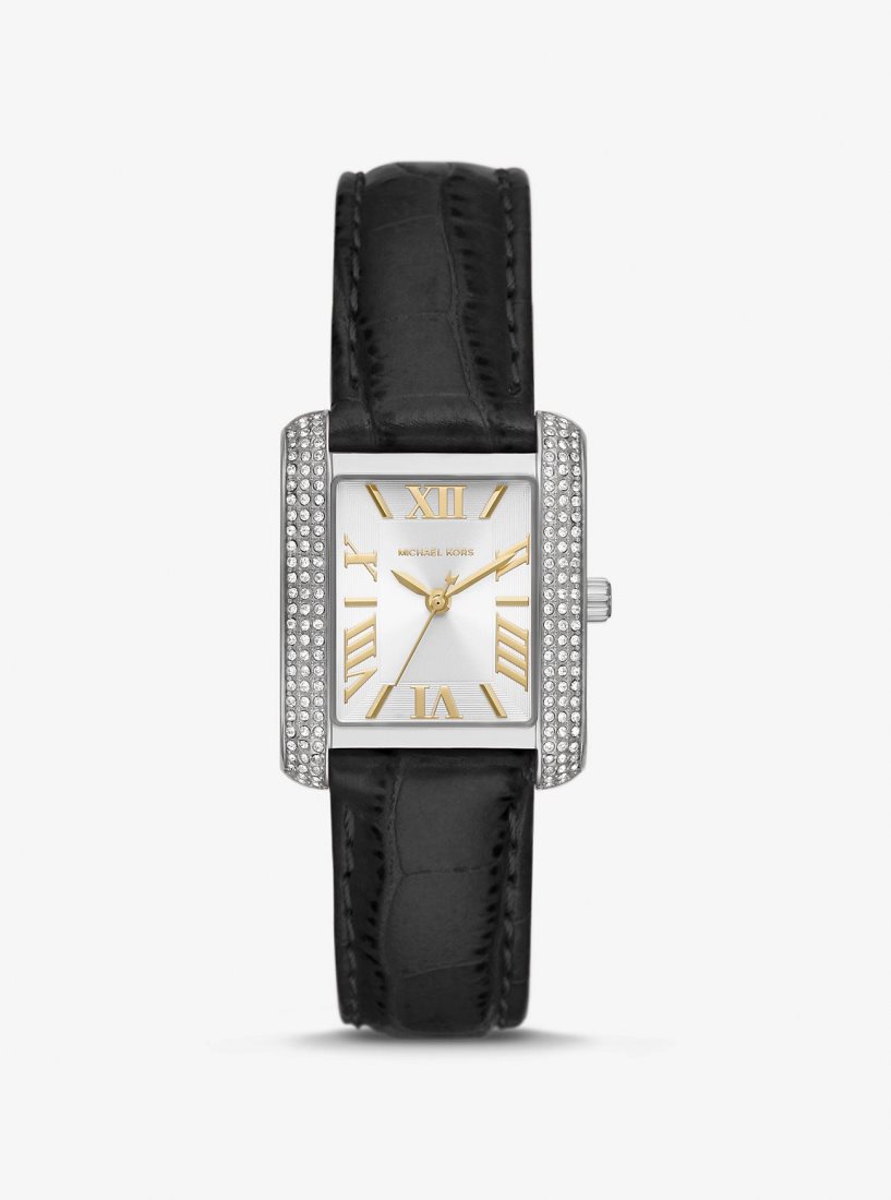 Silver-tone Michael Kors Mini Emery Pave Silver-Tone and Crocodile Embossed Leather Watch Femme Noir | 3780UPFMY