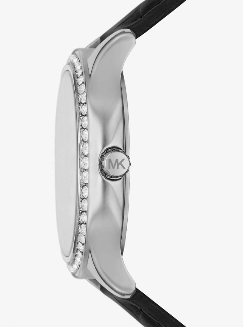Silver-tone Michael Kors Sage Pave Silver-Tone and Crocodile Embossed Leather Watch Homme Noir | 3158VULQZ