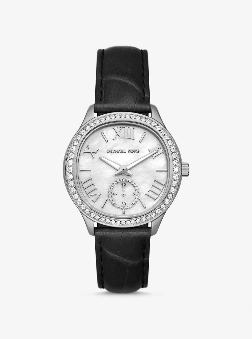 Silver-tone Michael Kors Sage Pave Silver-Tone and Crocodile Embossed Leather Watch Homme Noir | 3158VULQZ