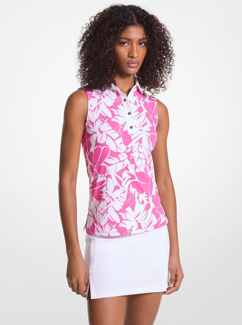T Shirts Michael Kors Golf Palm Print Tech Performance Sleeveless Polo Shirt Femme Rose | 0658ERHBU