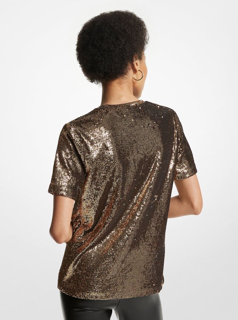 T Shirts Michael Kors KORS Sequined Stretch Tulle T-Shirt Femme Noir Doré | 2806OQKGR