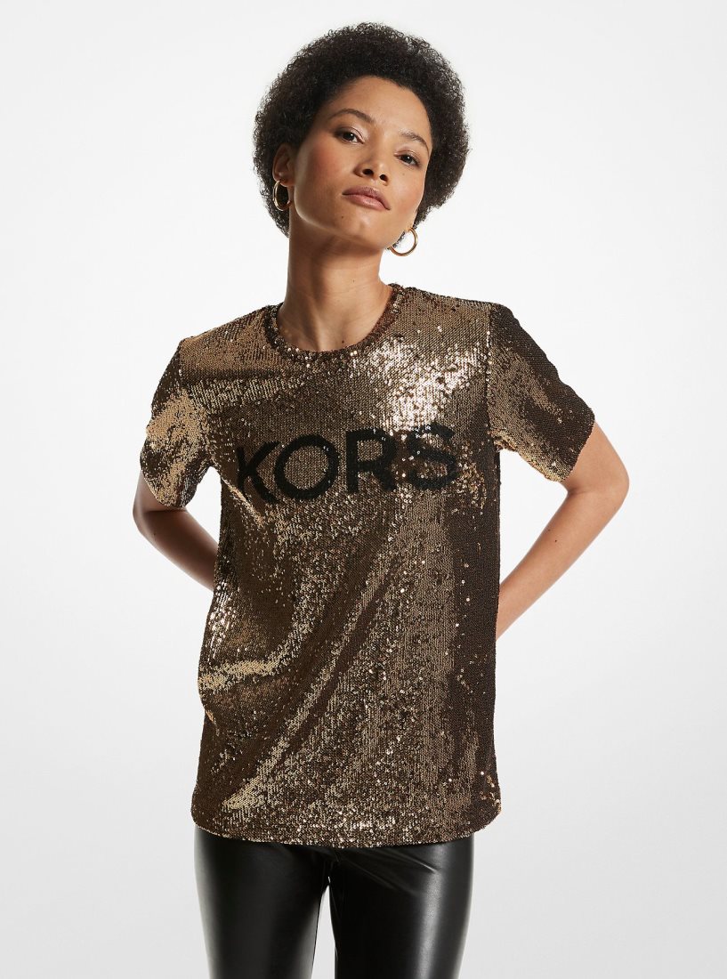 T Shirts Michael Kors KORS Sequined Stretch Tulle T-Shirt Femme Noir Doré | 2806OQKGR
