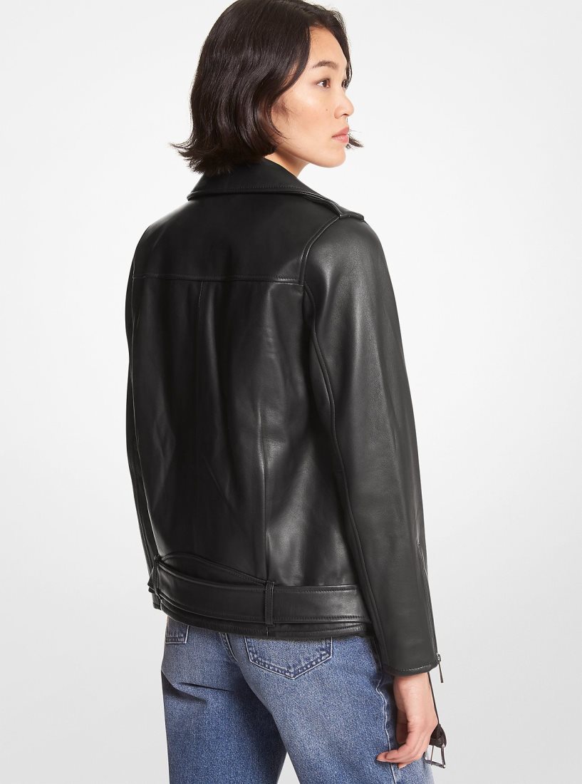 Vestes Michael Kors Belted Leather Biker Jacket Femme Noir | 5479QLCXN