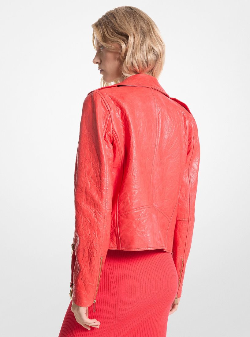 Vestes Michael Kors Crinkled Leather Moto Jacket Femme Corail | 7418LJMGD