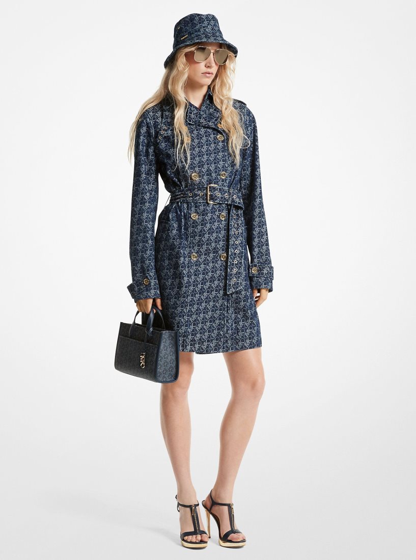Vestes Michael Kors Empire Signature Logo Jacquard Denim Trench Coat Femme Rinse | 4968IKYLU