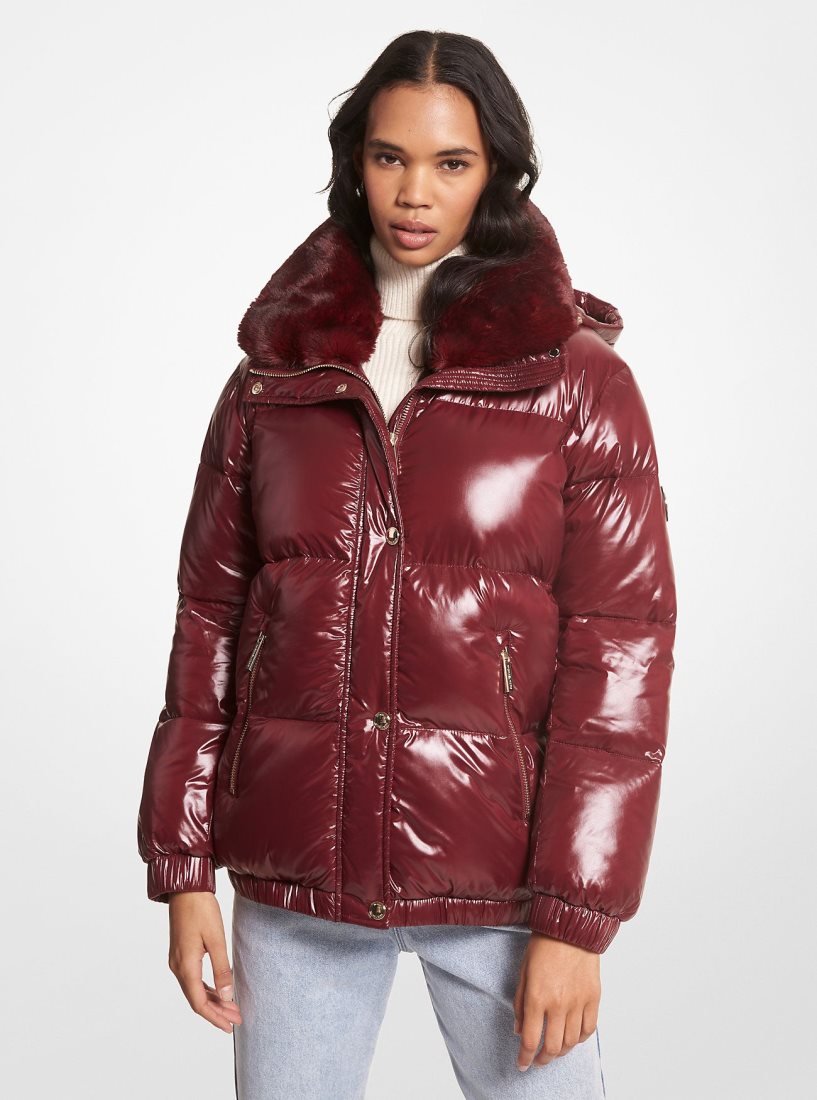Vestes Michael Kors Faux Fur-Trim Quilted Nylon Puffer Jacket Femme Bordeaux | 8671DVEAN