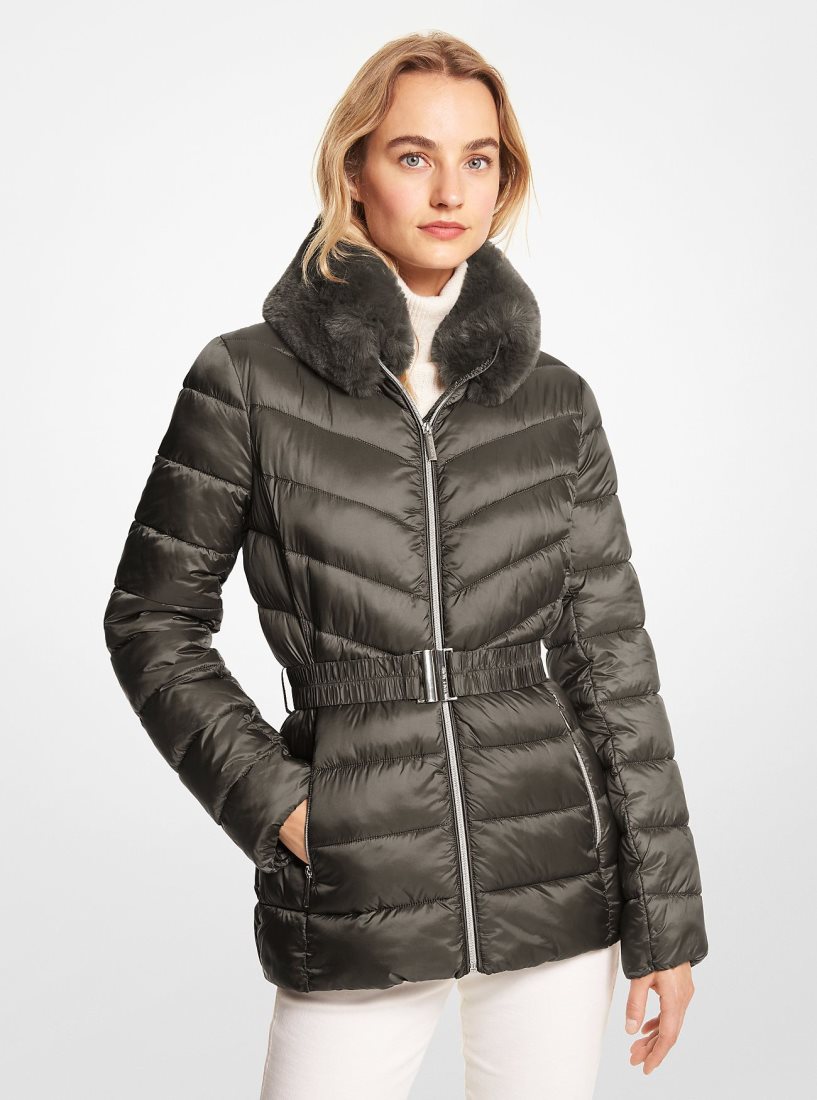 Vestes Michael Kors Faux Fur Trim Quilted Nylon Packable Puffer Jacket Femme Vert Olive | 4916GRVHD