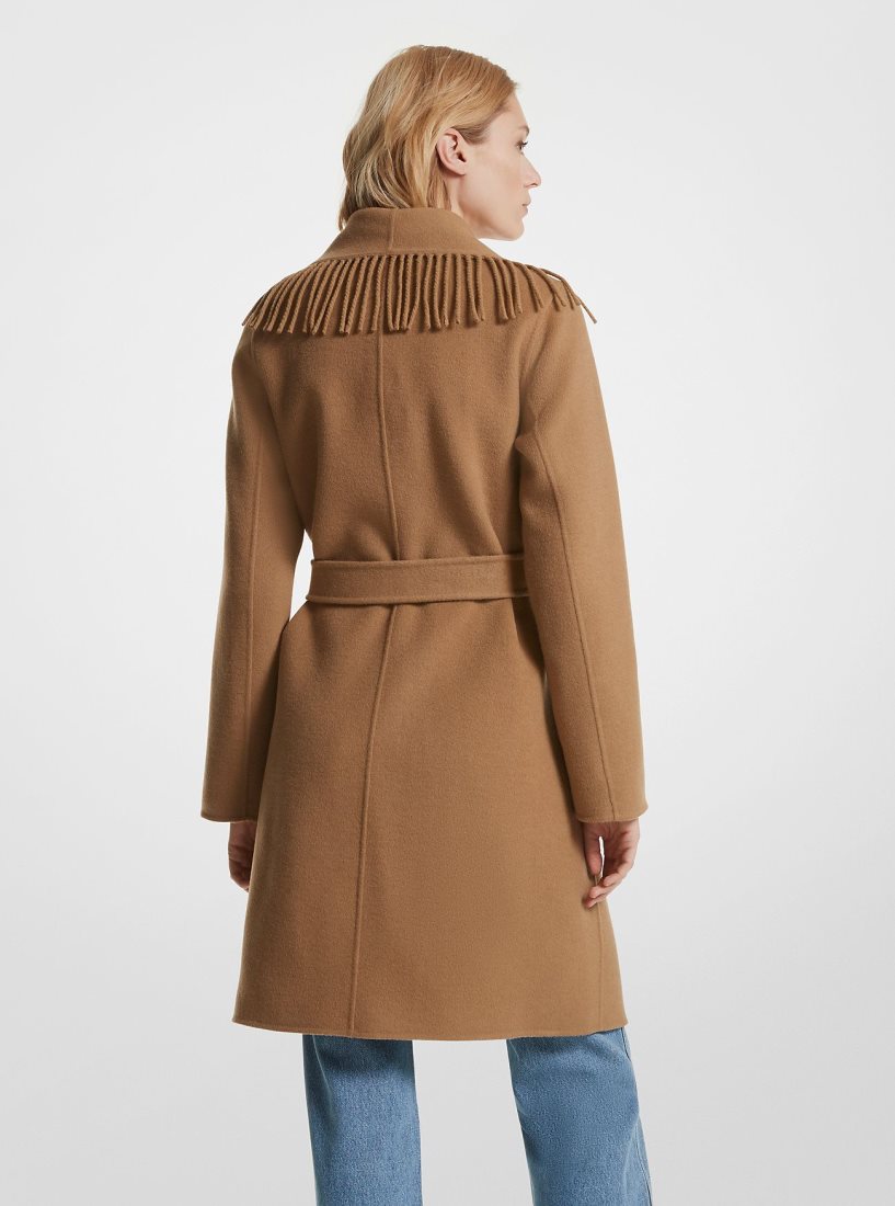 Vestes Michael Kors Fringe Wool Blend Belted Coat Femme Marron Foncé | 8490YQRTL