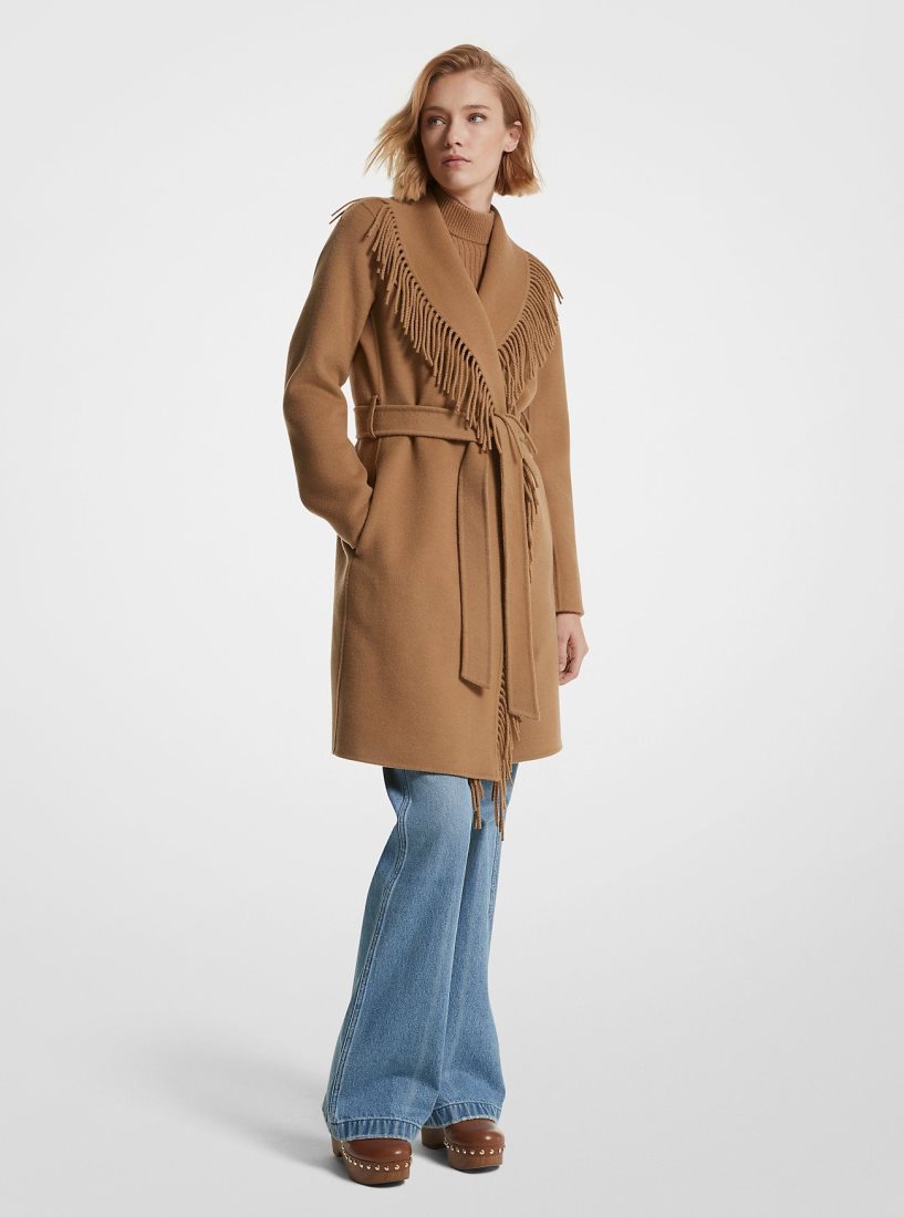 Vestes Michael Kors Fringe Wool Blend Belted Coat Femme Marron Foncé | 8490YQRTL