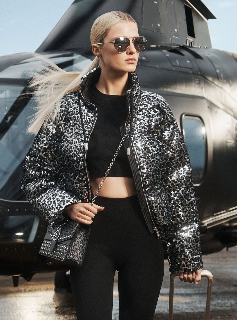 Vestes Michael Kors Leopard Sequined Cropped Puffer Jacket Femme Noir | 1083HAXOG