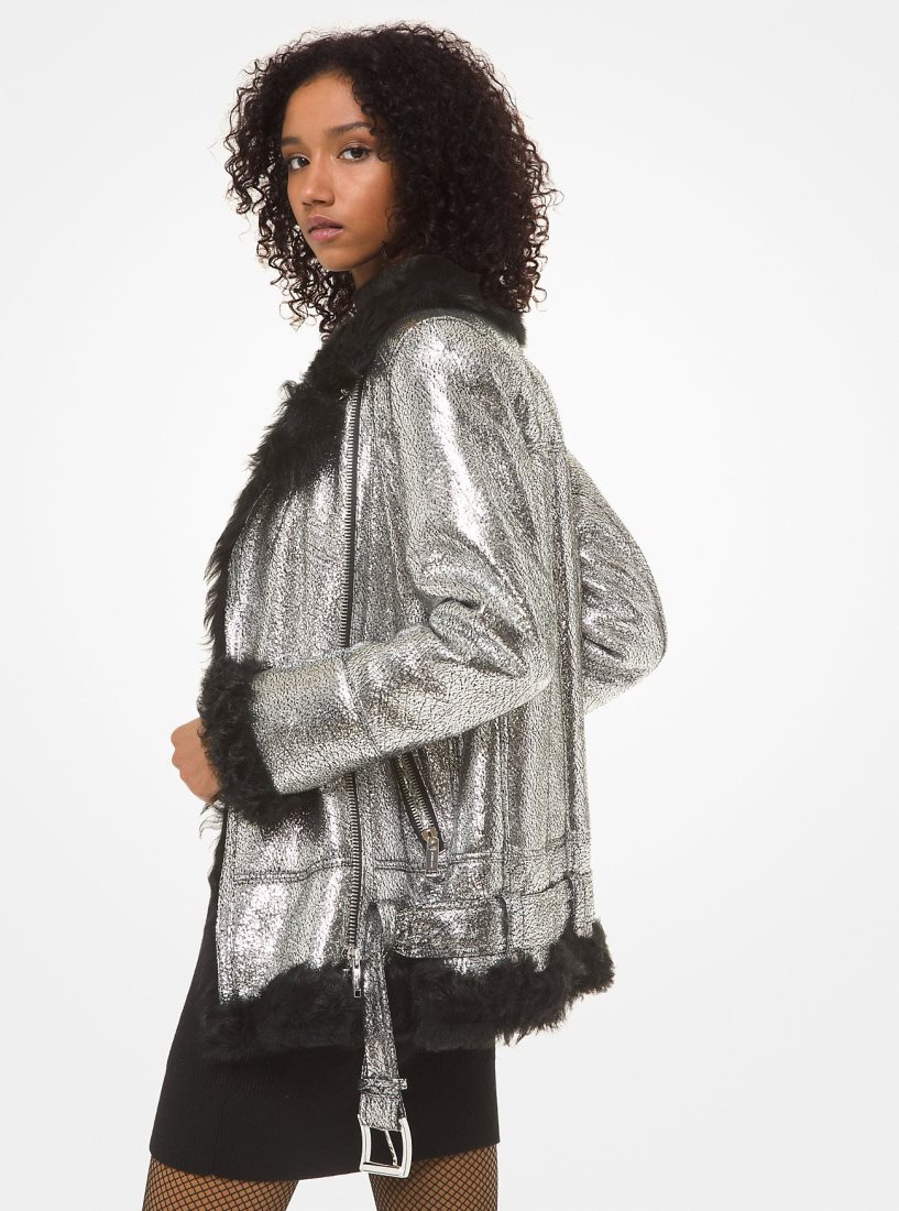 Vestes Michael Kors Metallic Shearling Coat Femme Noir Argent | 6249REBXM