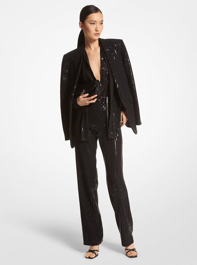 Vestes Michael Kors Pinstripe Sequined Crepe Boyfriend Blazer Femme Noir | 2980RDPBC