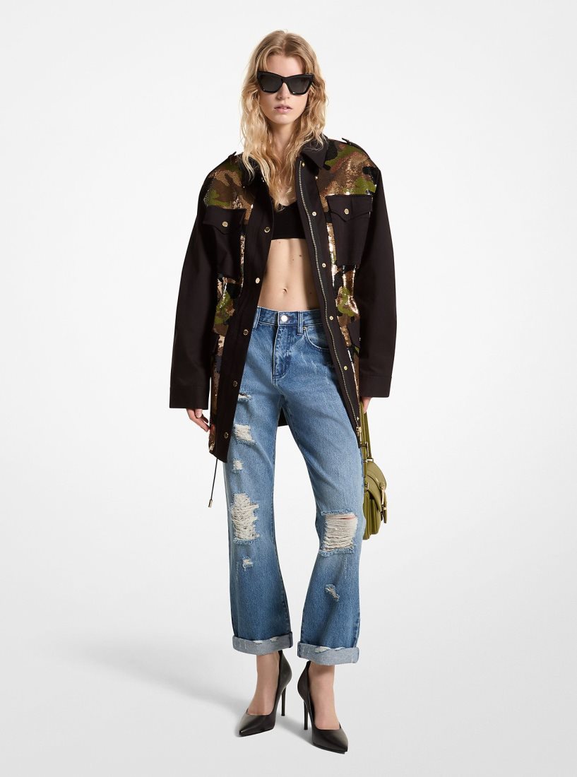 Vestes Michael Kors Sequined Camouflage Stretch Organic Cotton Anorak Femme Noir | 5964BFGJN