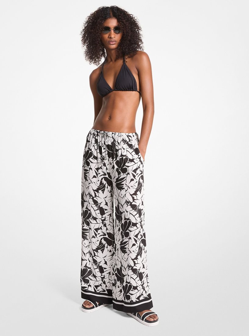 Vetement de Bain Michael Kors Palm Print Woven Wide-Leg Pants Femme Noir Blanche | 0937FJBLR