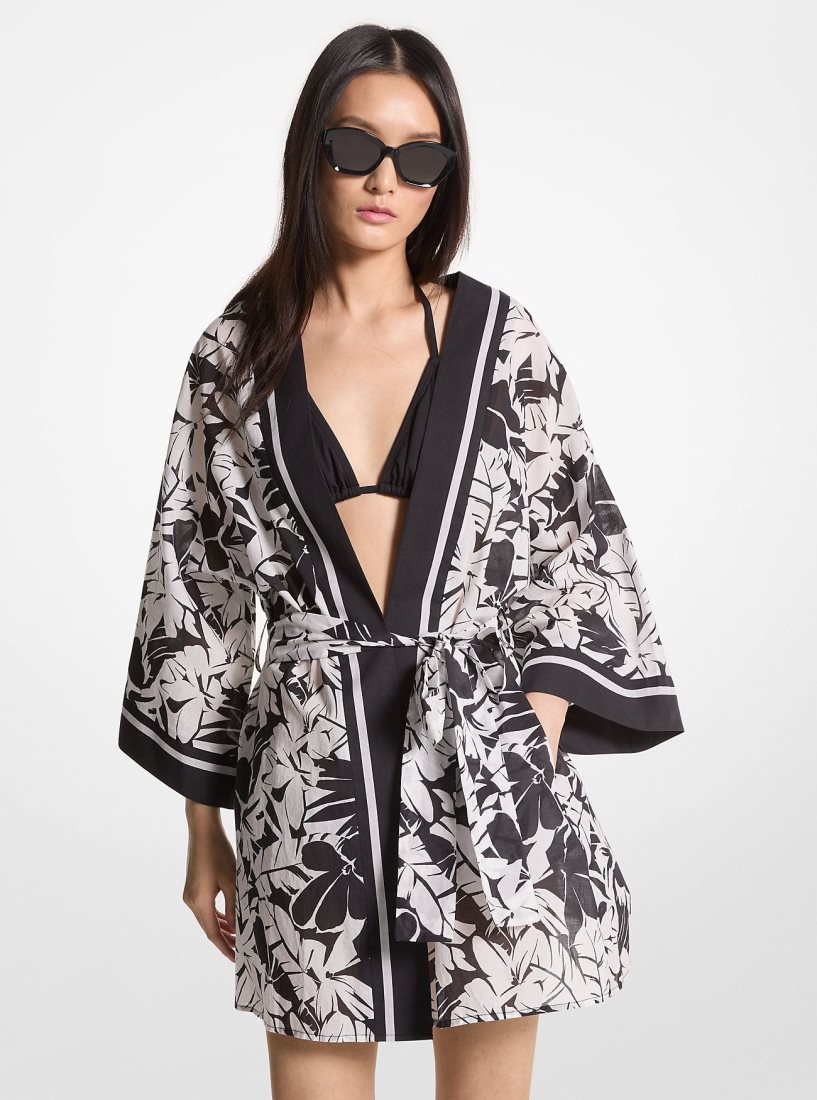 Vetement de Bain Michael Kors Palm Print Cotton Cover-Up Femme Noir Blanche | 2675AIZVH