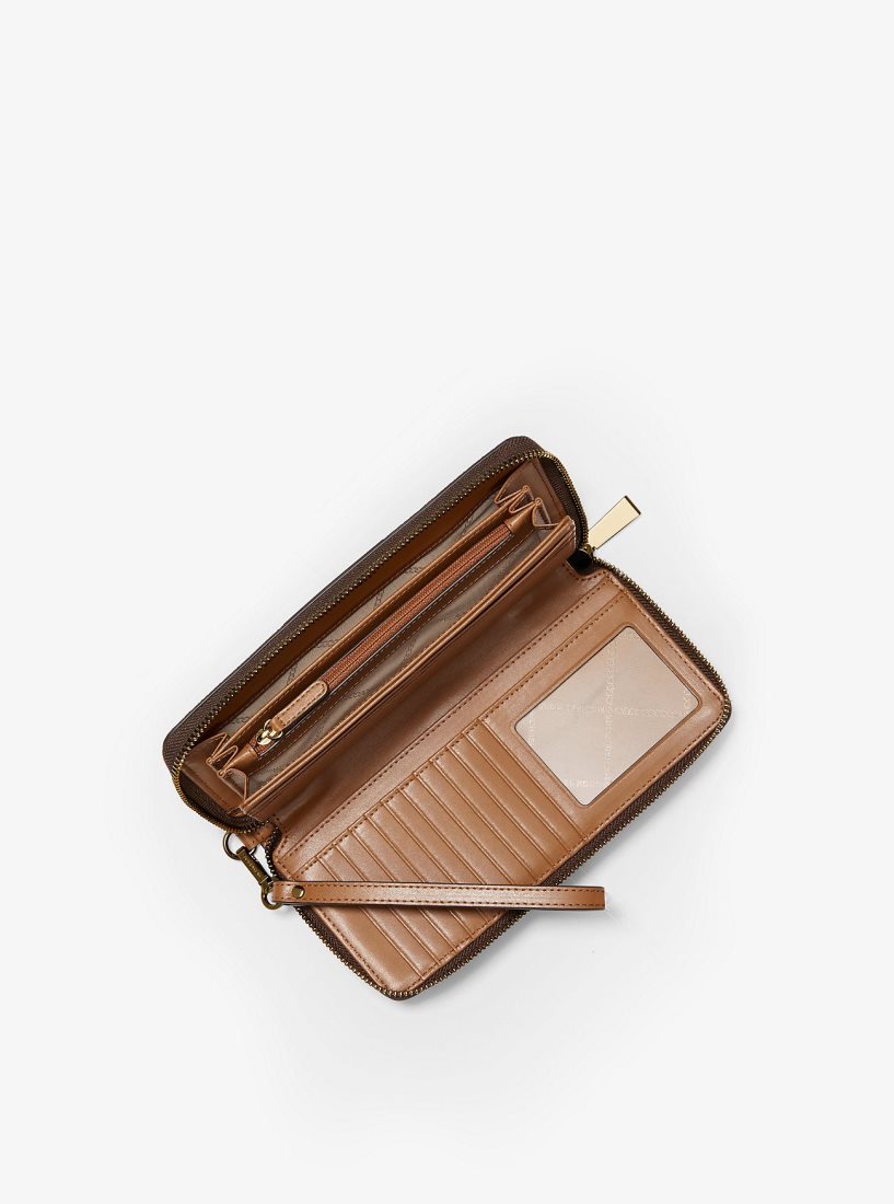 Wristlet Michael Kors Logo Stripe Continental Wristlet Femme Brn/Acorn | 0587RNZYI