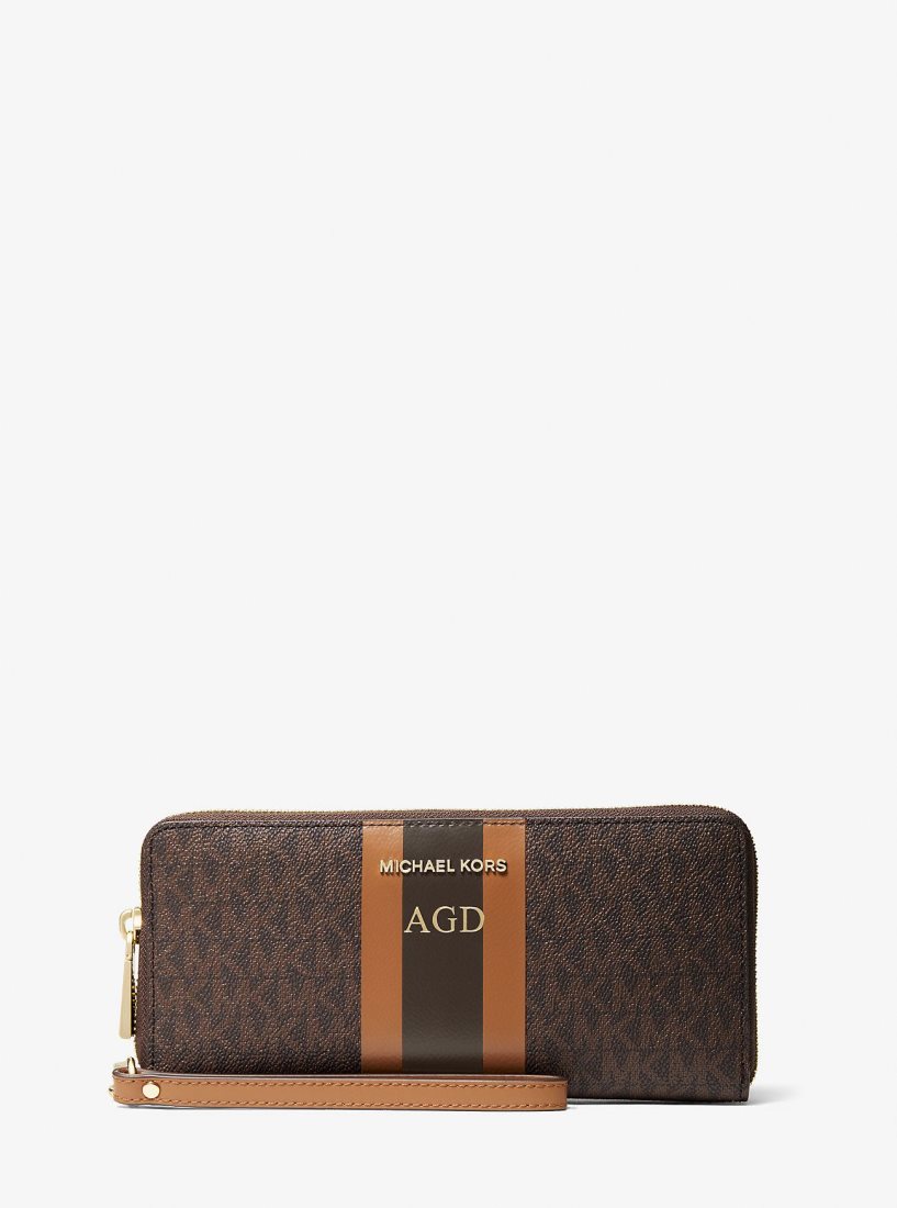 Wristlet Michael Kors Logo Stripe Continental Wristlet Femme Brn/Acorn | 0587RNZYI
