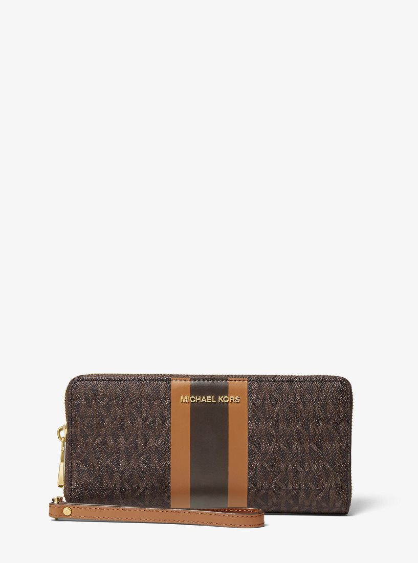 Wristlet Michael Kors Logo Stripe Continental Wristlet Femme Brn/Acorn | 0587RNZYI